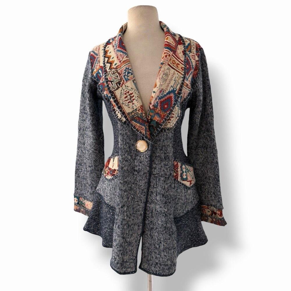 Sioni Tapestry Trim Boho Knit Coatigan Sweater Jacket Ruffle Flare Hem Blue M
